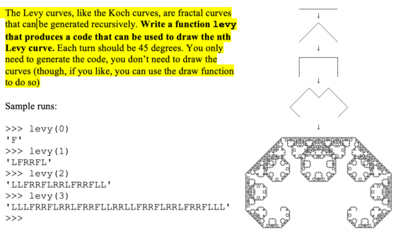 The Levy curves, like the Koch curves, are fractal curves that canlbe generated recursively. Write a function levy that produ