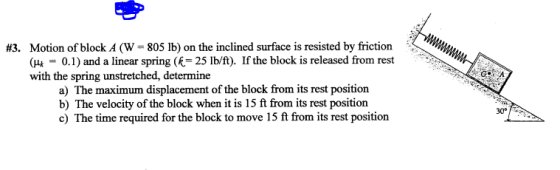 Motion of block A (W-8051b) on the inclined surface is resisted by friction (Hk0.1 and a linear spring (K-25 lb/ft). If the b