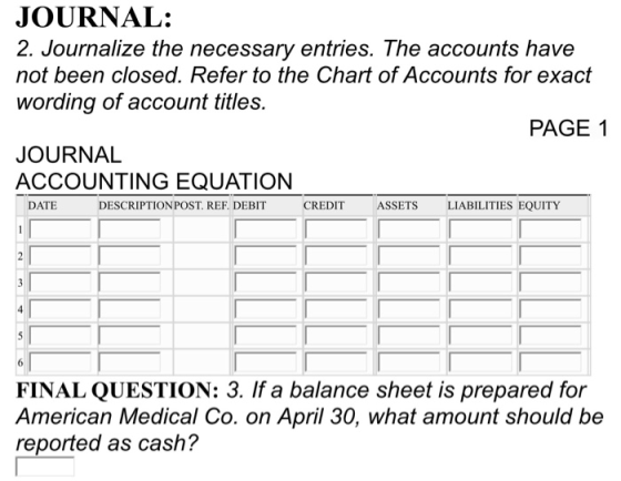 JOURNAL: 2. Journalize the necessary entries. The accounts have not been closed. Refer to the Chart of Accounts for exact wor