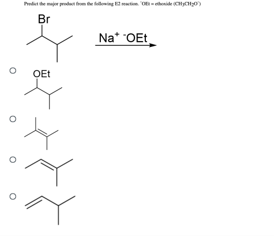 Predict the major product from the following E2 reaction. OEt = ethoxide (CH3CH20) Br ☺ Na+ -OEt Na OEt OET 0 0