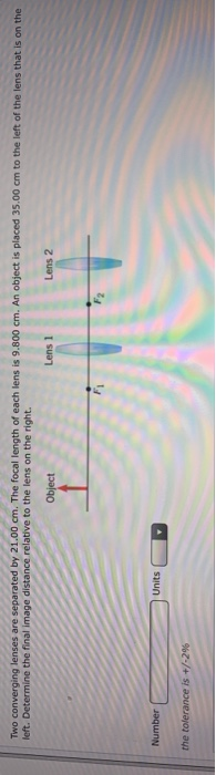 Two converging lenses are separated by 21.00 cm. The focal length of each lens is 9.800 cm. An object is placed 35.00 cm to t