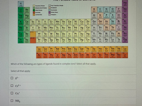 Which of the following are types of ligands found in complex ions? Select all that apply. Select all that apply: s- O crt Cut
