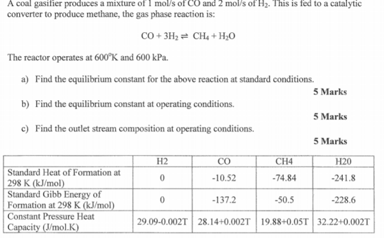 A coal gasifier produces a mixture of 1 mol/s of CO and 2 mol/s of H2. This is fed to a catalytic converter to produce methane, the gas phase reaction is CO + 3H2-CH4 +H20 The reactor operates at 600°K and 600 kPa. a) Find the equilibrium constant for the above reaction at standard conditions b) Find the equilibrium constant at operating conditions c) Find the outlet stream composition at operating conditions 5 Marks 5 Marks 5 Marks H20 -241.8 -228.6 H2 Standard Heat of Formation at 298 K (kJ/mol) Standard Gibb Energy of Formation at 298 K (kJ/mol) Constant Pressure Heat Capacity (J/mol.K CO 10.52 -137.2 CH4 74.84 50.5 29.09-0.002T 28.14+0.002T 19.88+0.05T 32.22+0.002T