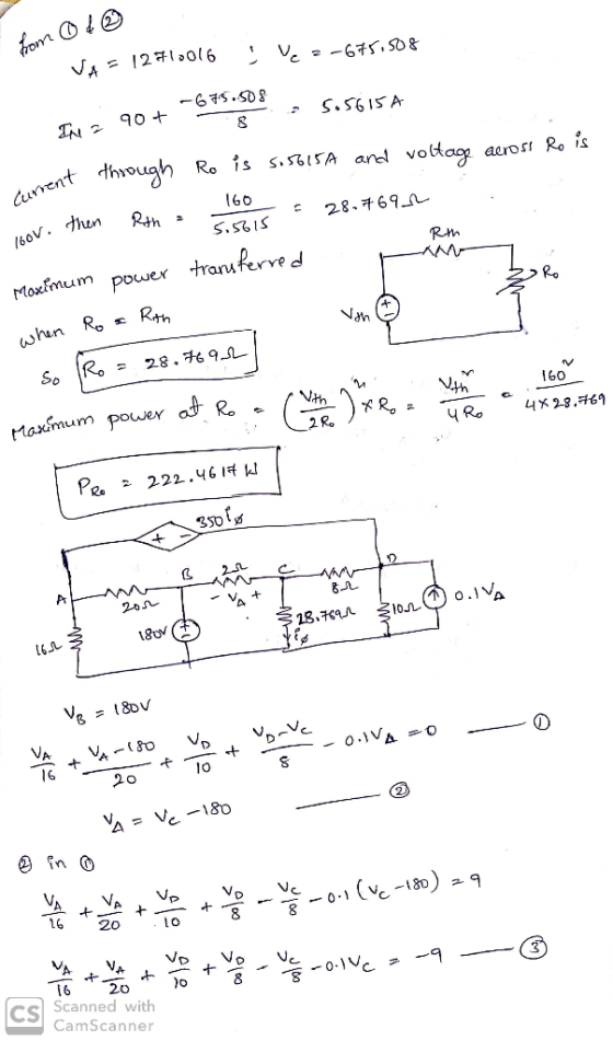from 010 Vas 1270016 IV --675.508 IN 2. 90+ 5*30 S. 5.5615A urrent through Ro is so 5615A and voltage across Ro is 100v. then