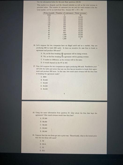 Use the information below for the next four questions (26-29). This market is a deeply and the demand schedule as well as the