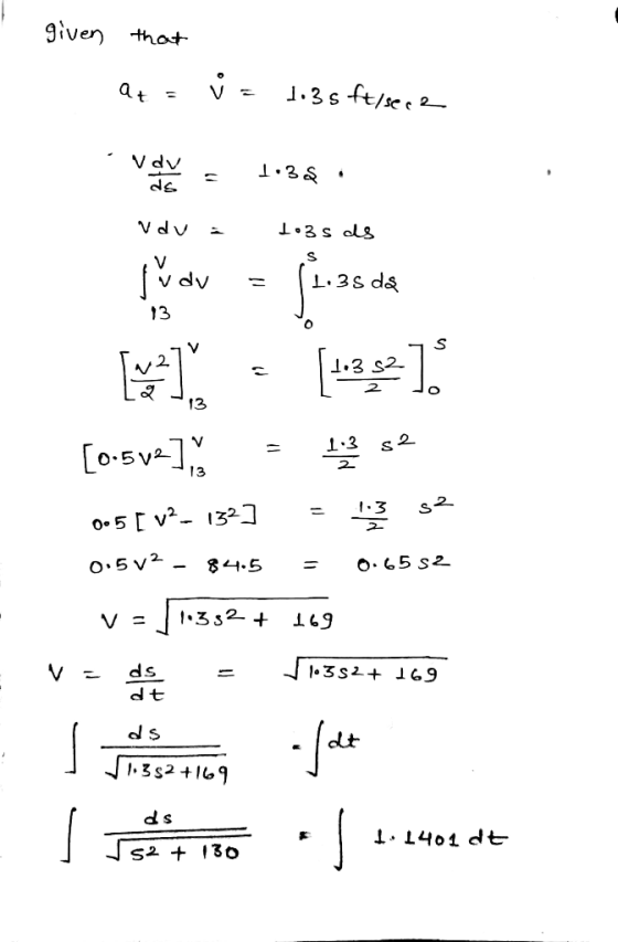 given that at = j = 1.3s ft/sece voor nova 1:38: loss as vdy - ..3s da 13 you afruas da (1352) le [0.5v2], - 13 52 0.5[v2= 13