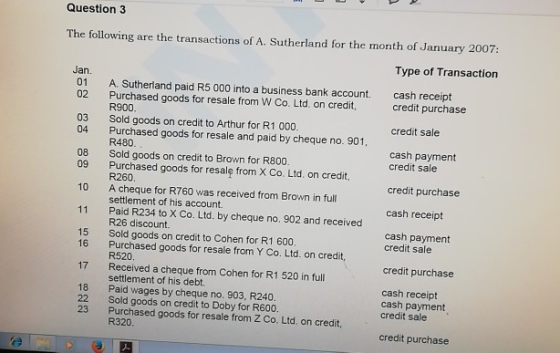 Question 3 The following are the transactions of A. Sutherland for the month of January 2007: Type of Transaction Jan. 01 02