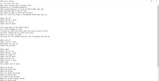 - lyrics.docx - Notepad File Edit Format View Help Shes got a smile that it seems to me Reminds me of childhood memories Whe