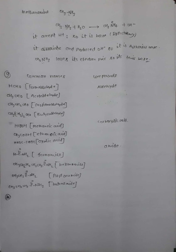 Methanamine CH₂NH2 CH2 - N N +420 CHE NHA + OH- it accept Ht: so it is bane (Bronstal Luery) it dissociate and produced OH 80