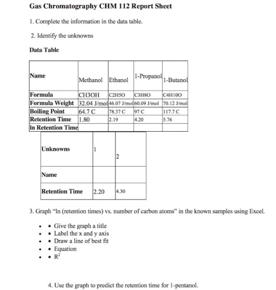 Gas Chromatography CHM 112 Report Sheet 1. Complete the information in the data table. 2. Identify the unknowns Data Table Na