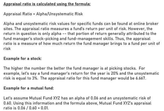 Appraisal ratio is calculated using the formula: Appraisal Ratio - Alpha/Unsystematic Risk Alpha and unsystematic risk values