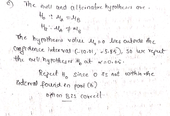 ♡ The null and alternative hypothers are to AMB ha Hailla FB The hypothery value o lies outside the Confidence interval E-100