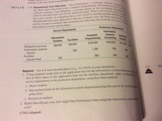 74 7 method (2) the step method maintenance Denartmental Cost Allocation Data Performance per of has three major functional a