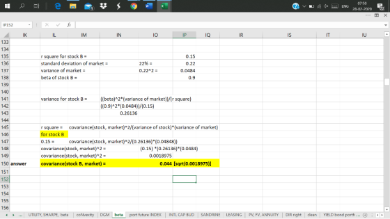 ? v L 1 ENG 07:50 28-02-2020 22 1P152 IK IL IM IN 10 IP IQ IR is IT u o 133 134 136 r square for stock B = standard deviation