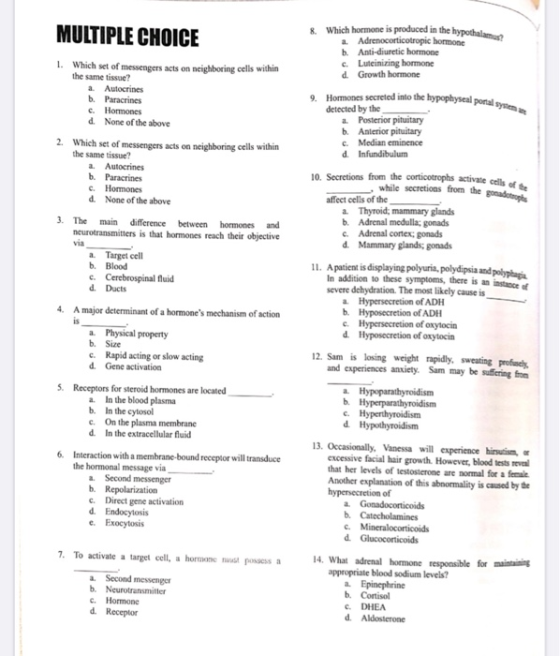 MULTIPLE CHOICE & Which hormone is produced in the hypothal a. Adrenocorticotropic hormone b. Anti-diuretic hormone c. Lutein