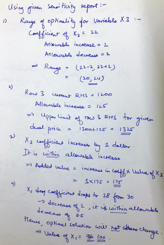 Using given sensitivity report :- 11 Range of optinality for Variable X3 :- Coefficient of X3 = 22 Allowable increase = 2 All