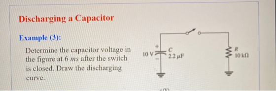 Discharging a Capacitor Example (3): Determine the capacitor voltage in the figure at 6 ms after the switch is closed. Draw t