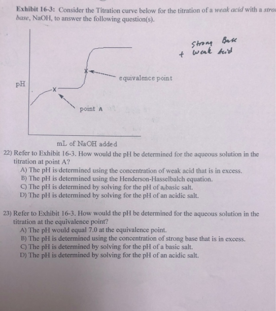 Exhibit 16-3: Consider the Titration curve below for the titration of a weak acid with a stro base, NaOH, to answer the follo