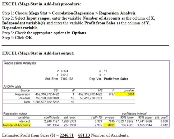 EXCEL ( Mega Stat in Add-Ins) procedure: Step 1: Choose Mega Stat > Correlation Regression > Regression Analysis. Step 2: Sel