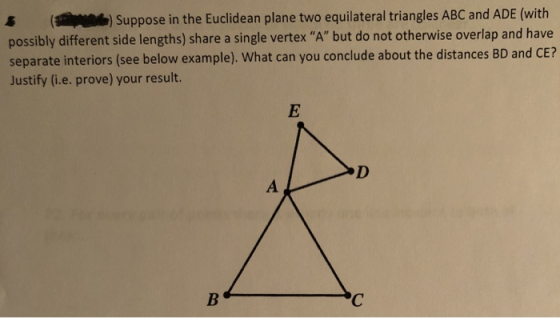 (AINA) Suppose in the Euclidean plane two equilateral triangles ABC and ADE (with possibly different side lengths) share a si