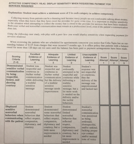 AFFECTIVE COMPETENCY: VIlA2. DISPLAY SENSITIVITY WHEN REQUESTING PAYMENT FOR SERVICES RENDERED Explanation: Student must achi