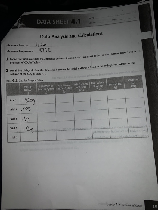 Name DATA SHEET 4.1 Data Analysis and Calculations Laboratory Pressure: Laboratory Temperature: Tom 273 % Records as 1 For al