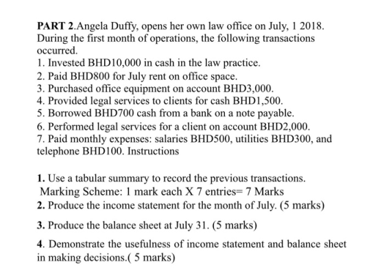 PART 2.Angela Duffy, opens her own law office on July, 1 2018. During the first month of operations, the following transactio