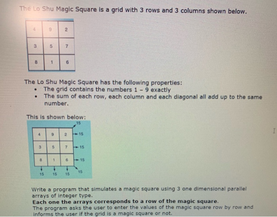 The Lo Shu Magic Square is a grid with 3 rows and 3 columns shown below. 35 The Lo Shu Magic Square has the following propert