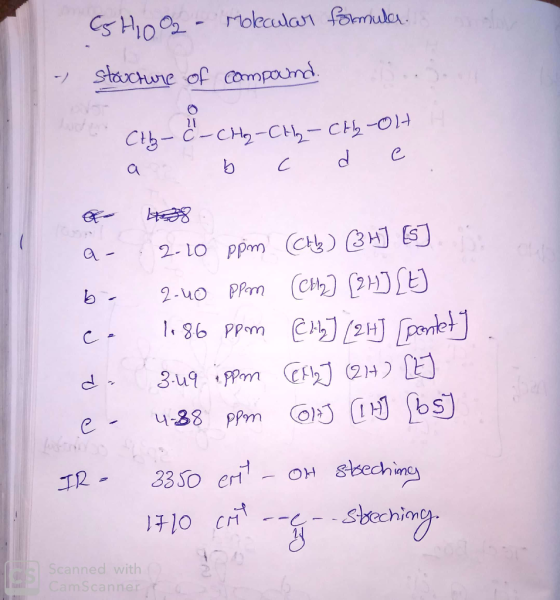 H10O2 - Molecular formulera - structure of compound. Co- C - CH₂ - CH₂ - CH2-OH a b c d e 4- a- 2.10 ppm (CH₂) (34] [5]. bo 2