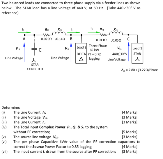 Two balanced loads are connected to three phase supply via a feeder lines as shown below. The STAR load has a line voltage of 440 V, at 50 Hz. (Take 440/30% V as reference) F2 F2 F1 0.025 J0.142 B 0.0110 JO.05Ω Three Phase 65 kW Vi2 Load 2 Load 1 L1 DELTA PF = 0.72 440 30°V STAR Line Voltage LineVoltage | |Д|lagging Line Voltage STAR CONECTED Zo 2.80 + 13.270/Phase Determine: (i) The Line Current ; (ii) The Line Voltage Vi2; (iii)The Line Current (iv)The Total input Complex Power PT, QT & ST to the system [4 Marks] [3 Marks] [3 Marks] without PF correction; [5 Marks] [3 Marks] (v)The source line voltage Vis. (vi)The per phase Capacitive kVAr value of the PF correction capacitors to correct the Source Power Factor to 0.85 lagging; 4 Marks (vii) The input current Is drawn from the source after PF correction; 3 Marks]