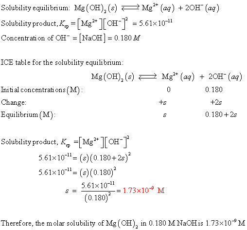 Solubility equilibrium: Mg(OH),(s) = Mg2+ (aq) + 2OH- (aq) Solubility product, K, = [Mg** ][OH-] = 5.61x10-11 Concentration o