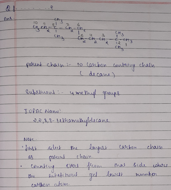 Ans. une-th3 tha is 1 3 Ch. 3 parunt chain - 10 Carbon containg chain ( decane) substinent :- 4 methyl groups IUPAC Name 2,7,
