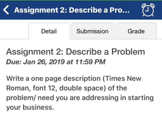 K Assignment 2: Describe a Pro... Detail Submission Grade Assignment 2: Describe a Problem Due: Jan 26, 2019 at 11:59 PM Write a one page description (Times New Roman, font 12, double space) of the problem/ need you are addressing in starting your business.
