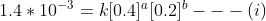 1.4 * 10^{-3} = k[0.4]^a[0.2]^b --- (i)