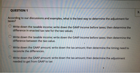 QUESTION 1 According to our discussions and examples, what is the best way to determine the adjustment for taxes? Write down