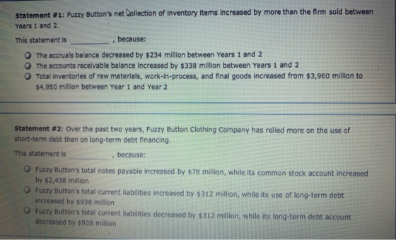 Statement #1: Fuzzy Buttons net Collection of inventory items increased by more than the firm sold between Years 1 and 2 Thi