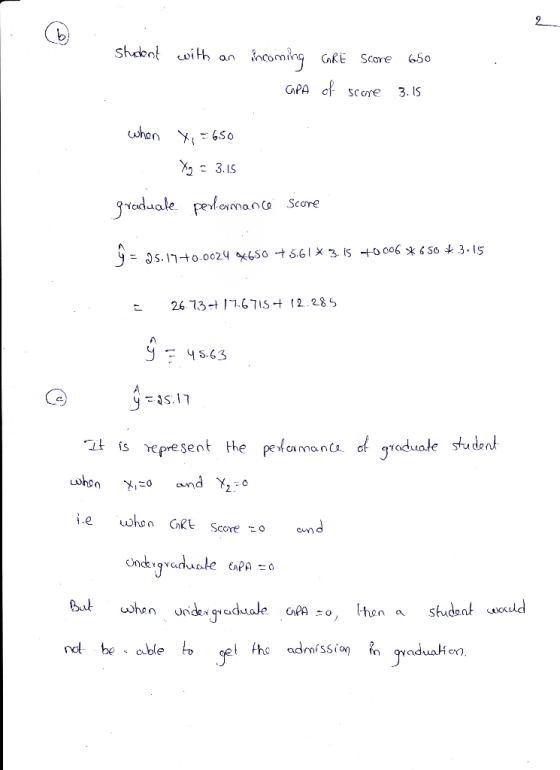 student with an incoming GRE Score 650 GPA of score 3.15 when X=650 X = 3.15 graduate perlormance score 3.15 y = 25.17+0.0024