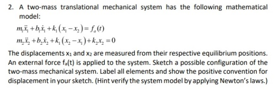 2. A two-mass translational mechanical system has the following mathematical model: mž +bi,+k, (*; - x)=f,0) m,ž, +b,X, +k, (