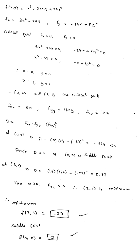 f(n.) = 7,29*2y + 27y3 fx = 3x² - azy fy - 2ax +814² point fro, fy=0 32.249 so, - 27 x t fly=0 - 19: o -* +3y=0 .: SO, yo x=