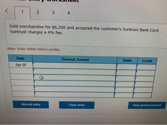INSTICEL 23 Sold merchandise for $6,200 and accepted the customers Suntrust Bank Card. Suntrust charges a 4% fee. Note: Ente