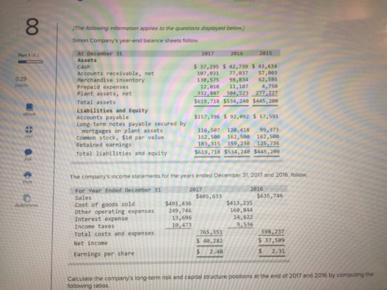 The following information applies to the questions displayed below) Simon Companys year-end balance sheets follow. 2017 2016
