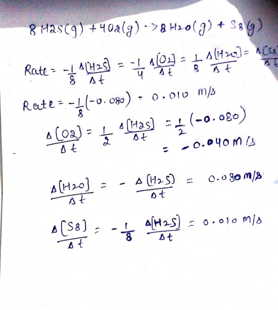 8 H2S(9) +402(g) - 78H2009) + S&G) Rate = = *425) = -4 4 0 alippo) – ACSA Rate =-41-0.080) - 0.010 m/s 1(02) = { type = (-0.0