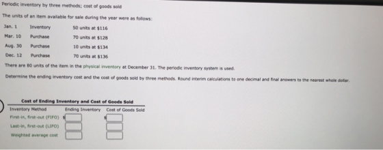 Periodic inventory by three methods; cost of goods sold The units of an item available for sale during the year were as follo