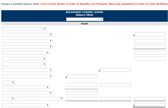 Prepare a classified balance sheet. (List Current Assets in order of liquidity. List Property, Plant and Equipment in order o