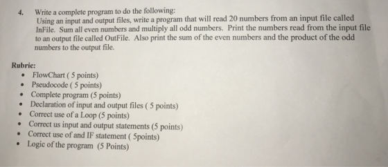 4. Write a complete program to do the following: Using an input and output files, write a program that will read 20 numbers f