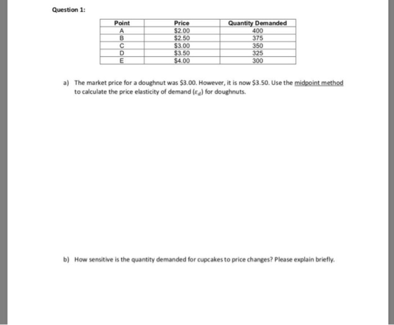 Question 1: Point Quantity Demanded Price $2.00 $2.50 $3.00 $3.50 $4.00 400 375 350 325 300 a) The market price for a doughnut was $3.00. However, it is now $3.50. Use the midpoint method to calculate the price elasticity of demand (Ed) for doughnuts b) How sensitive is the quantity demanded for cupcakes to price changes? Please explain briefly.