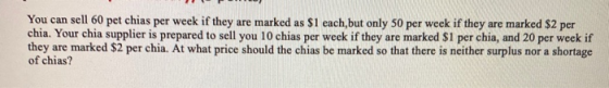 You can sell 60 pet chias per week if they are marked as $1 each, but only 50 per week if they are marked $2 per chia. Your c
