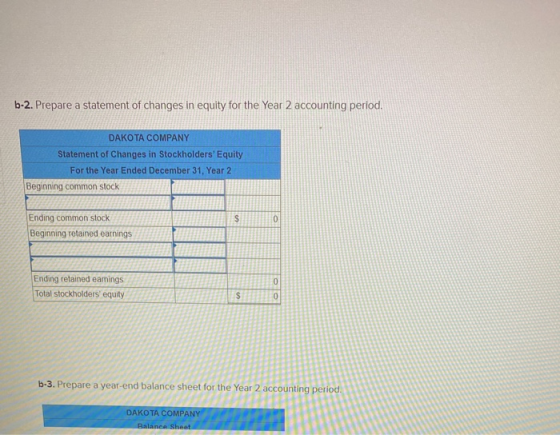 b-2. Prepare a statement of changes in equity for the Year 2 accounting period. DAKOTA COMPANY Statement of Changes in Stockh