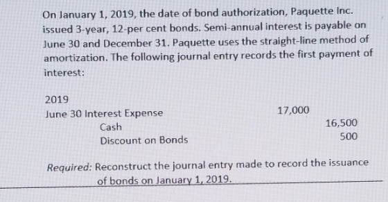 On January 1, 2019, the date of bond authorization, Paquette Inc. issued 3-year, 12-per cent bonds. Semi-annual interest is p