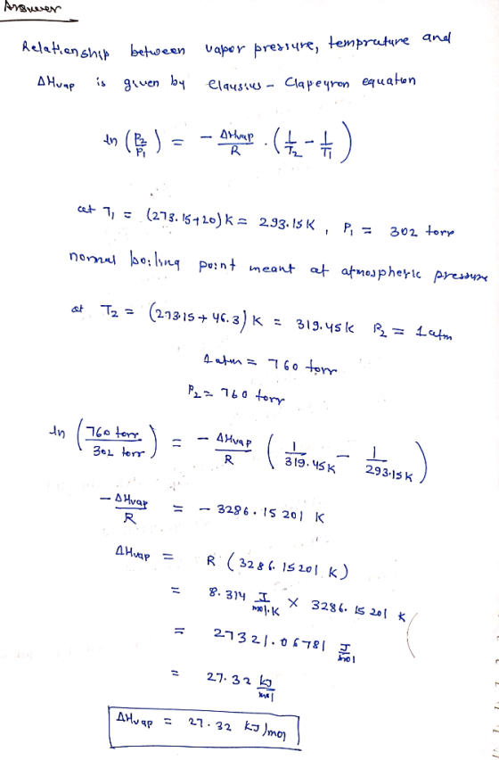Argiewer uapor pressure, temprature and Relationship A Huap is between given by elausius - Clapeyron equation ton (B) = - ota